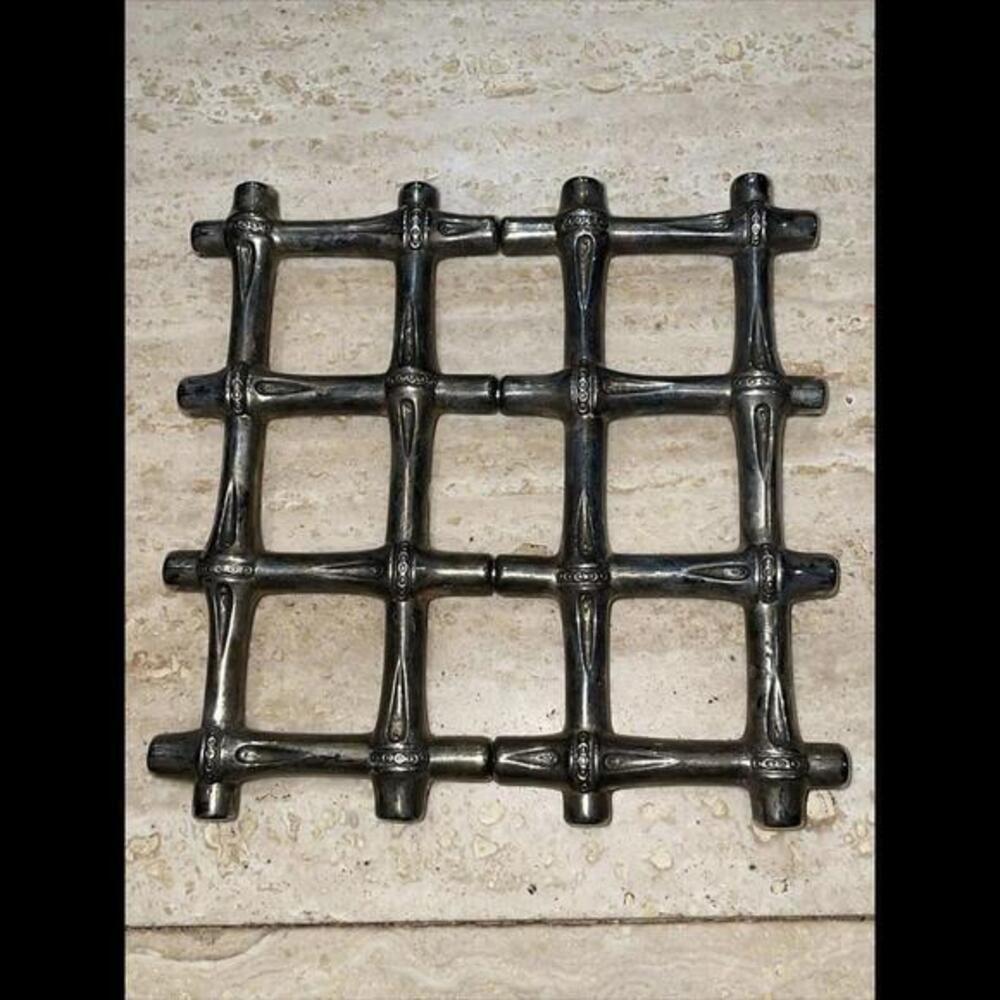 Vintage Silver-Plated Expandable Three‎ Section Bamboo Trivet 7.25-10.5”